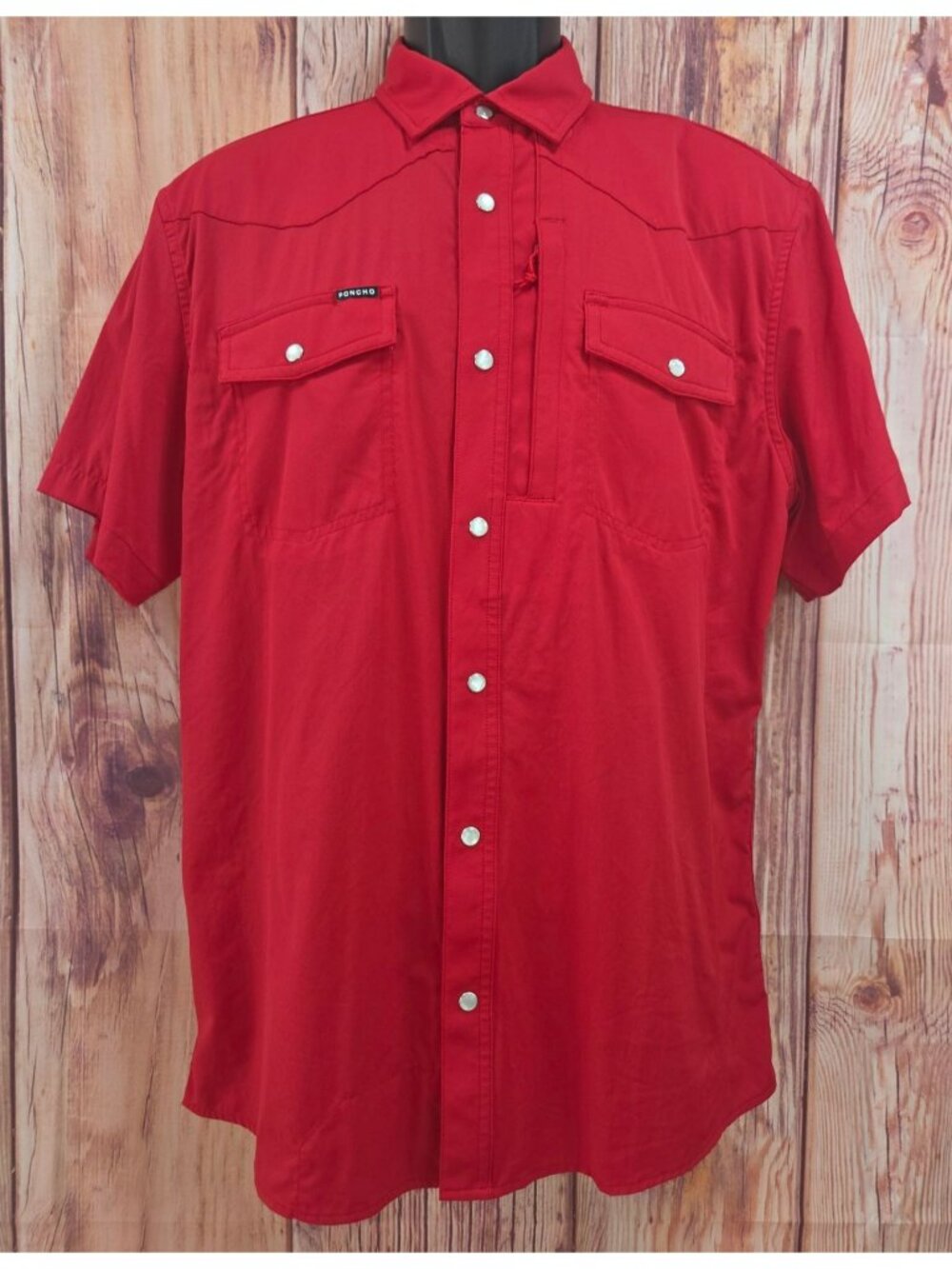 Poncho Mens Slim Fit Red Short Sleeve Button-Up Shirt Medium